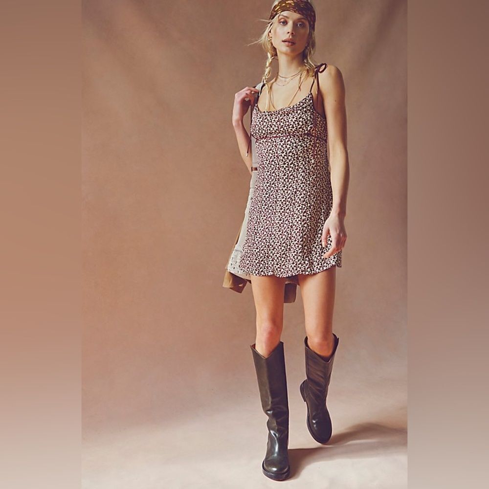 NWT Free People Kai Geo Print Retro Tie Strap Mini Dress in Coffee Combo size L